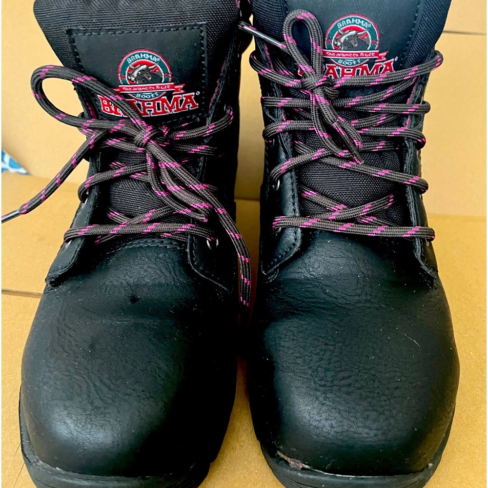 Pink and Black work boots. Only worn to try them on. Brahma.